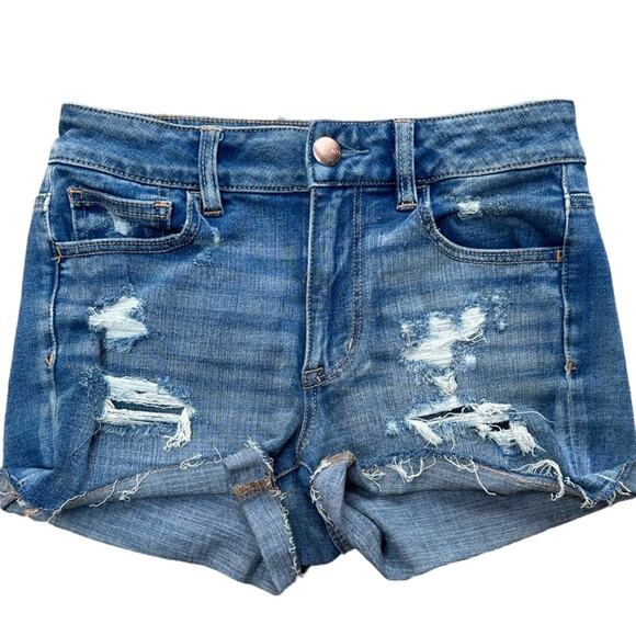 American Eagle Outfitters 360 Super Stretch Distressed Denim Jean Shorts Size 4 - Picture 1 of 4